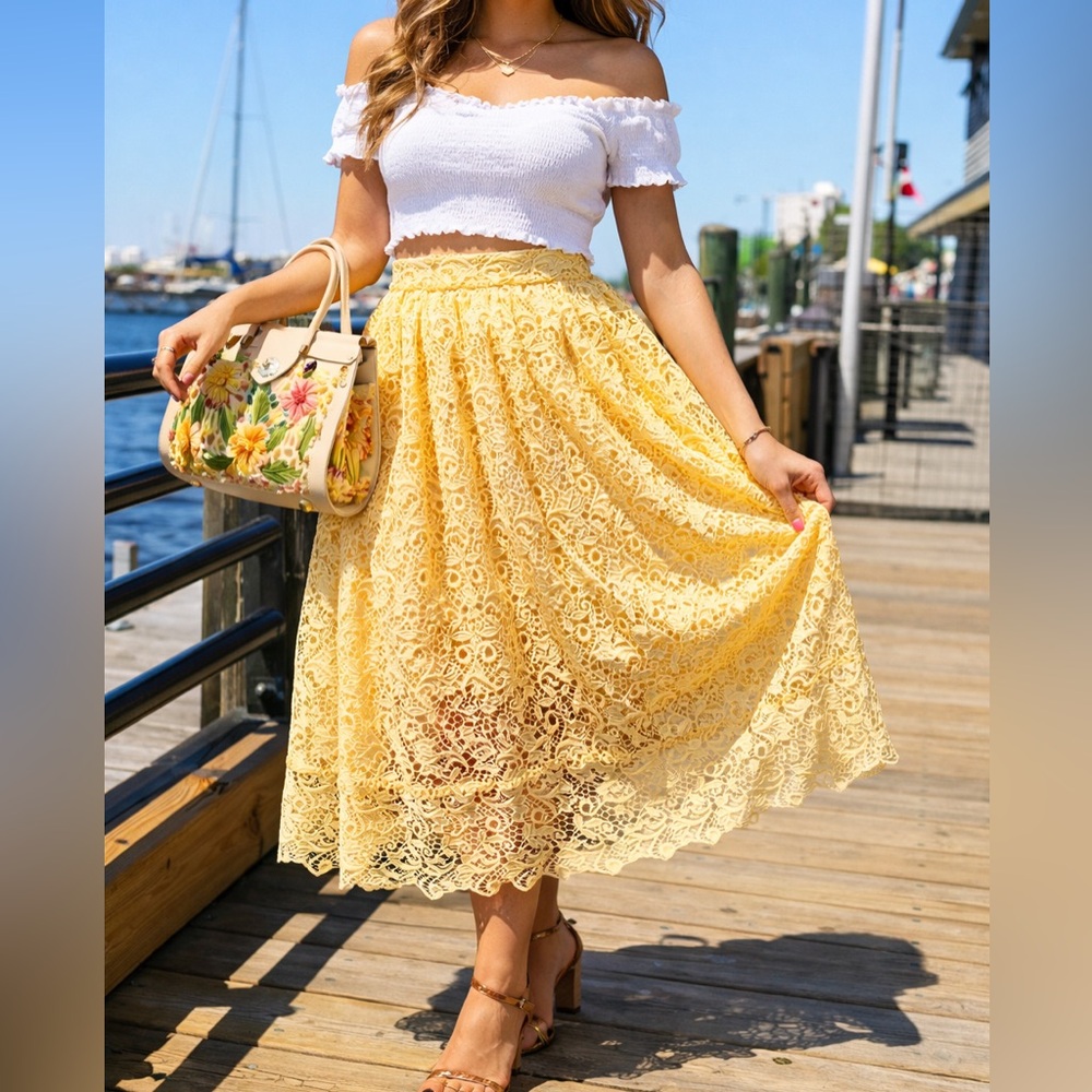 H&M Yellow Lace Midi Skirt Size 8 A-Line Feminine Cottagecore Spring Summer